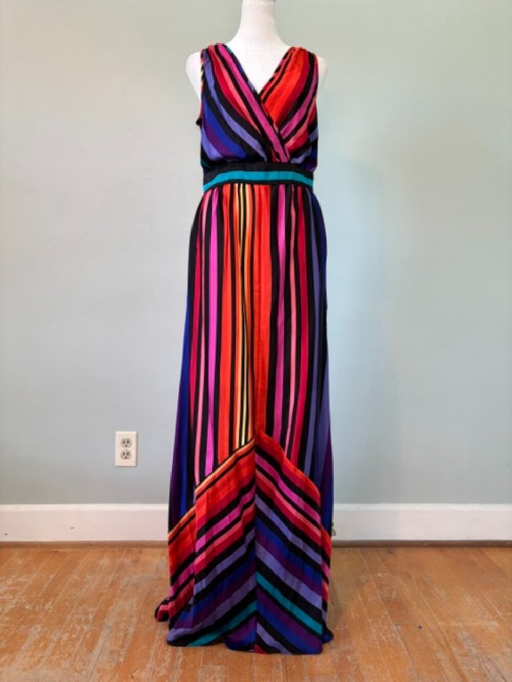 Worthington Multicolor Striped Maxi Dress w/V-Neck Faux Wrap Bodice Size 6
